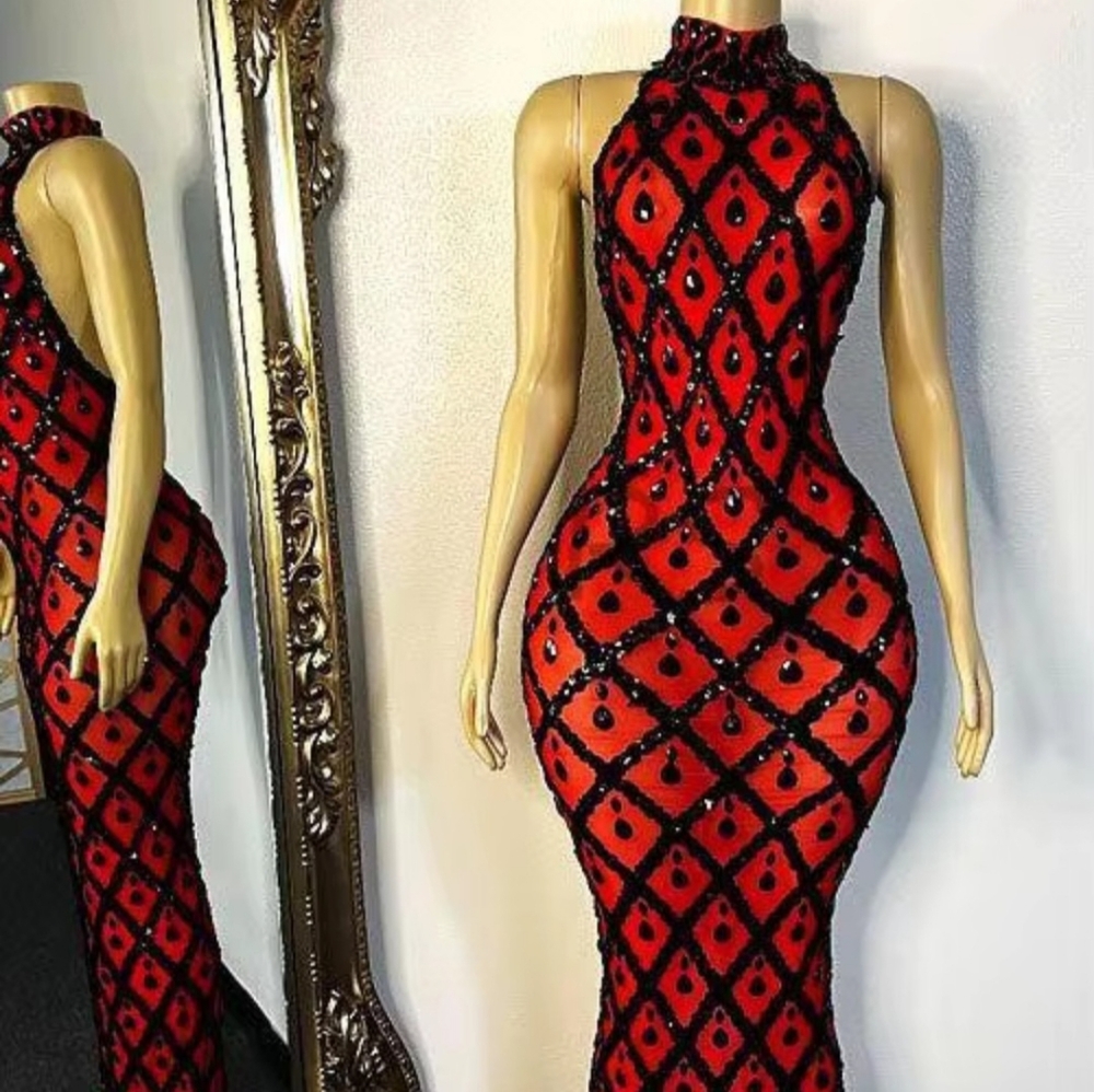 NEW Red Long Sleeveless Gown Dress Garment Evening Black Beaded Rhinestones